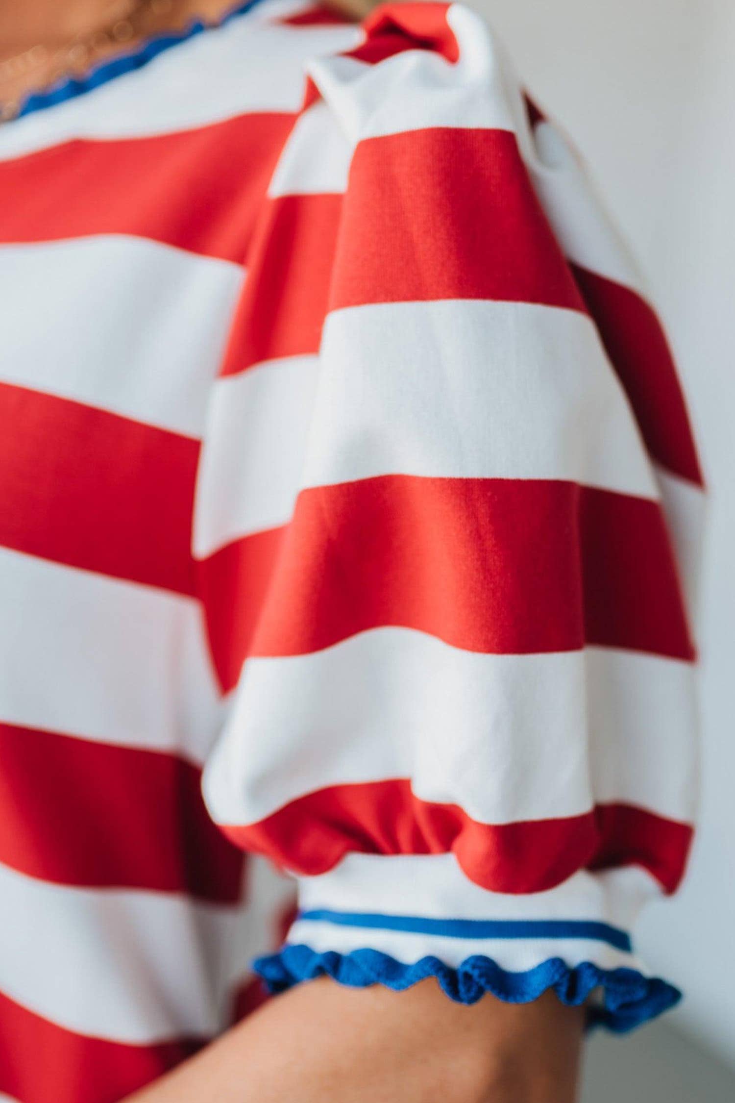 Celebration Stripe Round Neck Short Puff Sleeve Dress