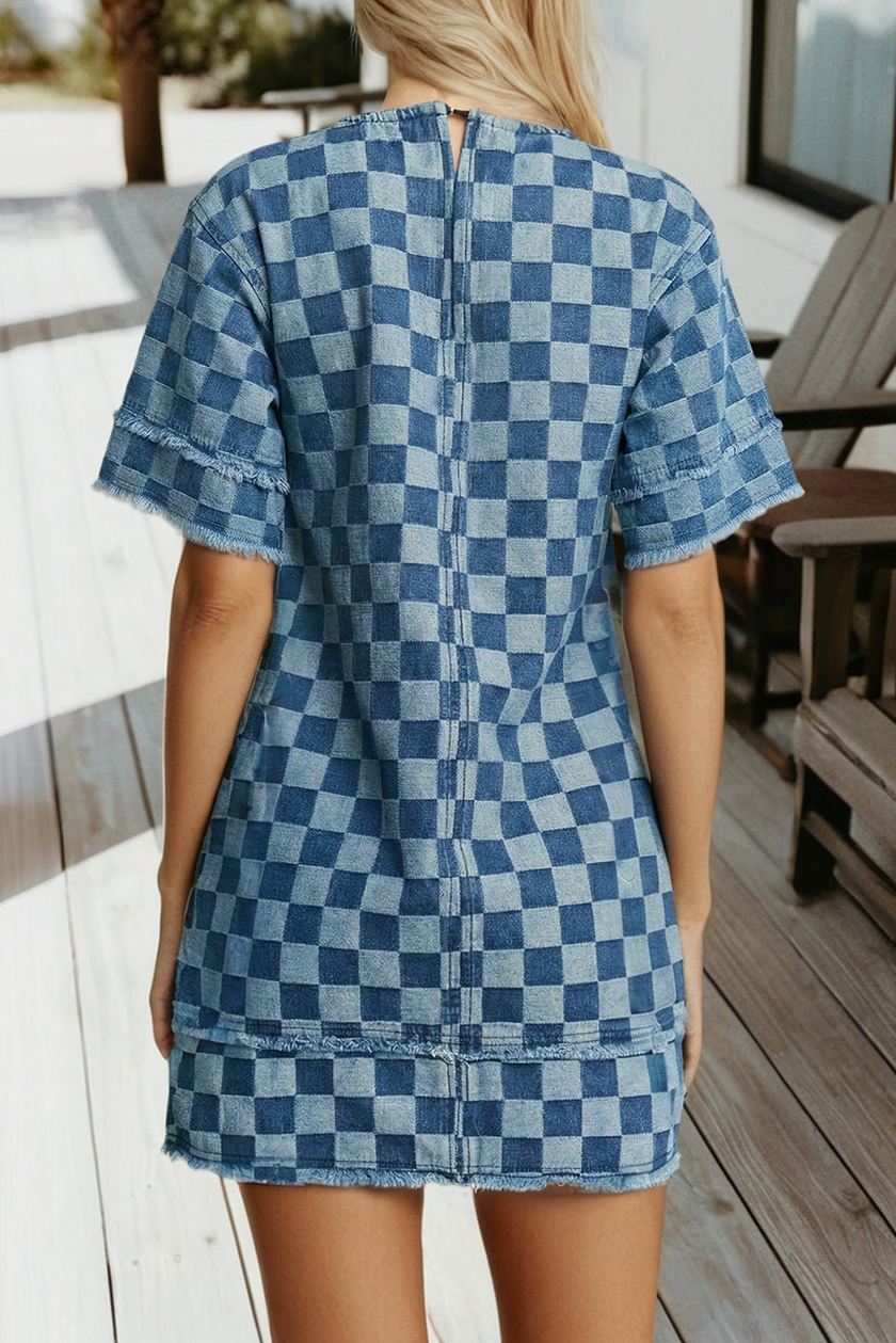 Checked out Frayed Hem Checkered Denim Mini Dress