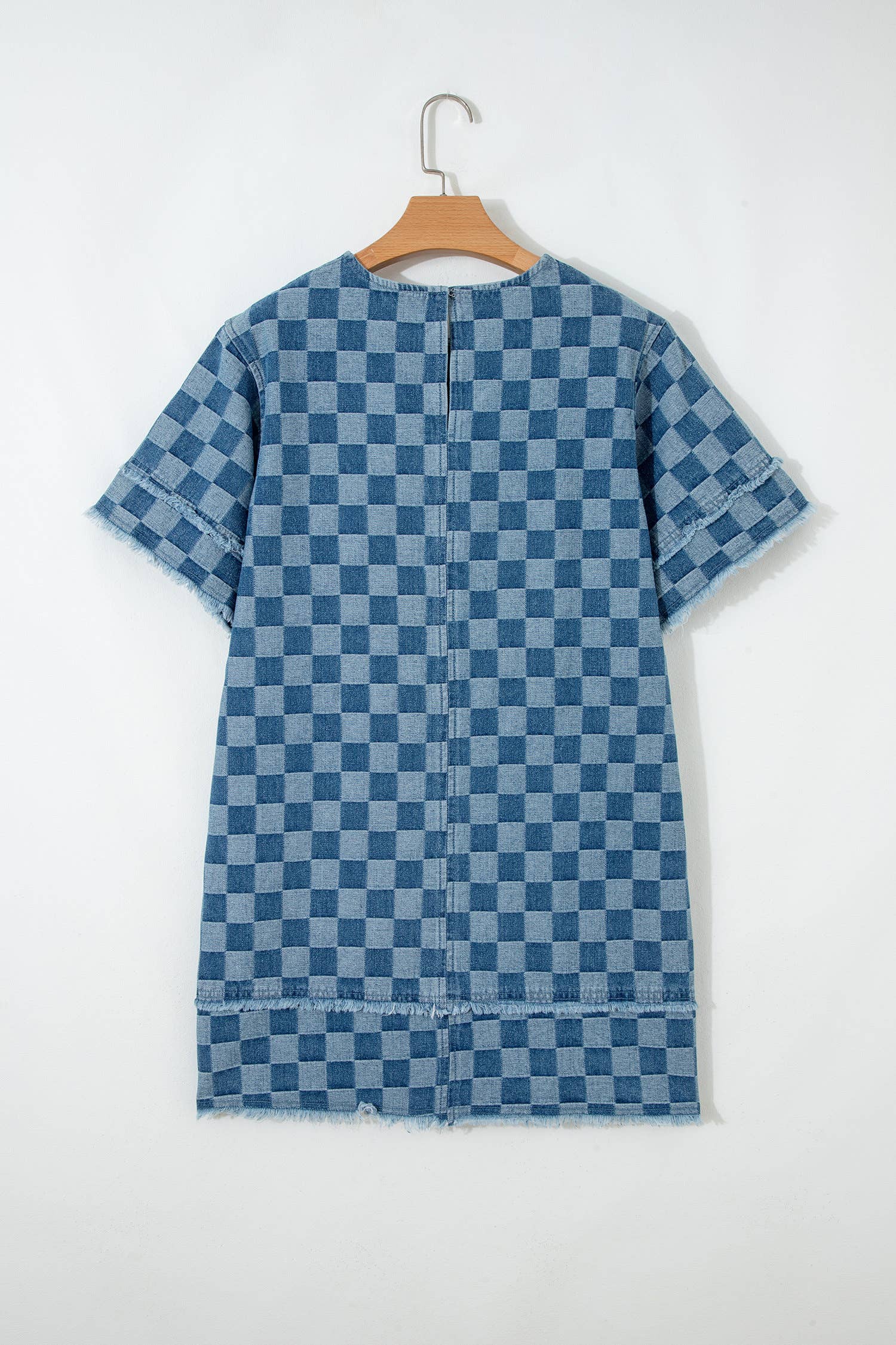Checked out Frayed Hem Checkered Denim Mini Dress