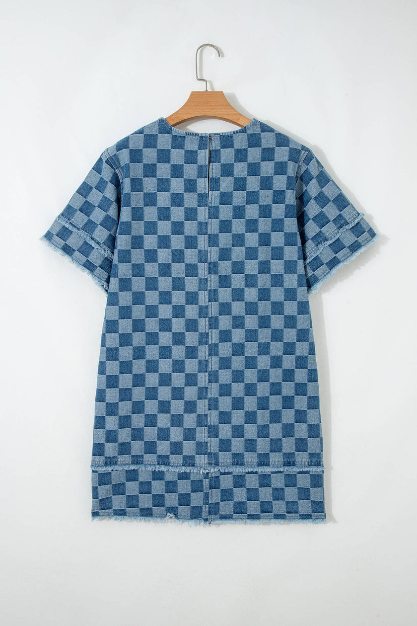 Checked out Frayed Hem Checkered Denim Mini Dress