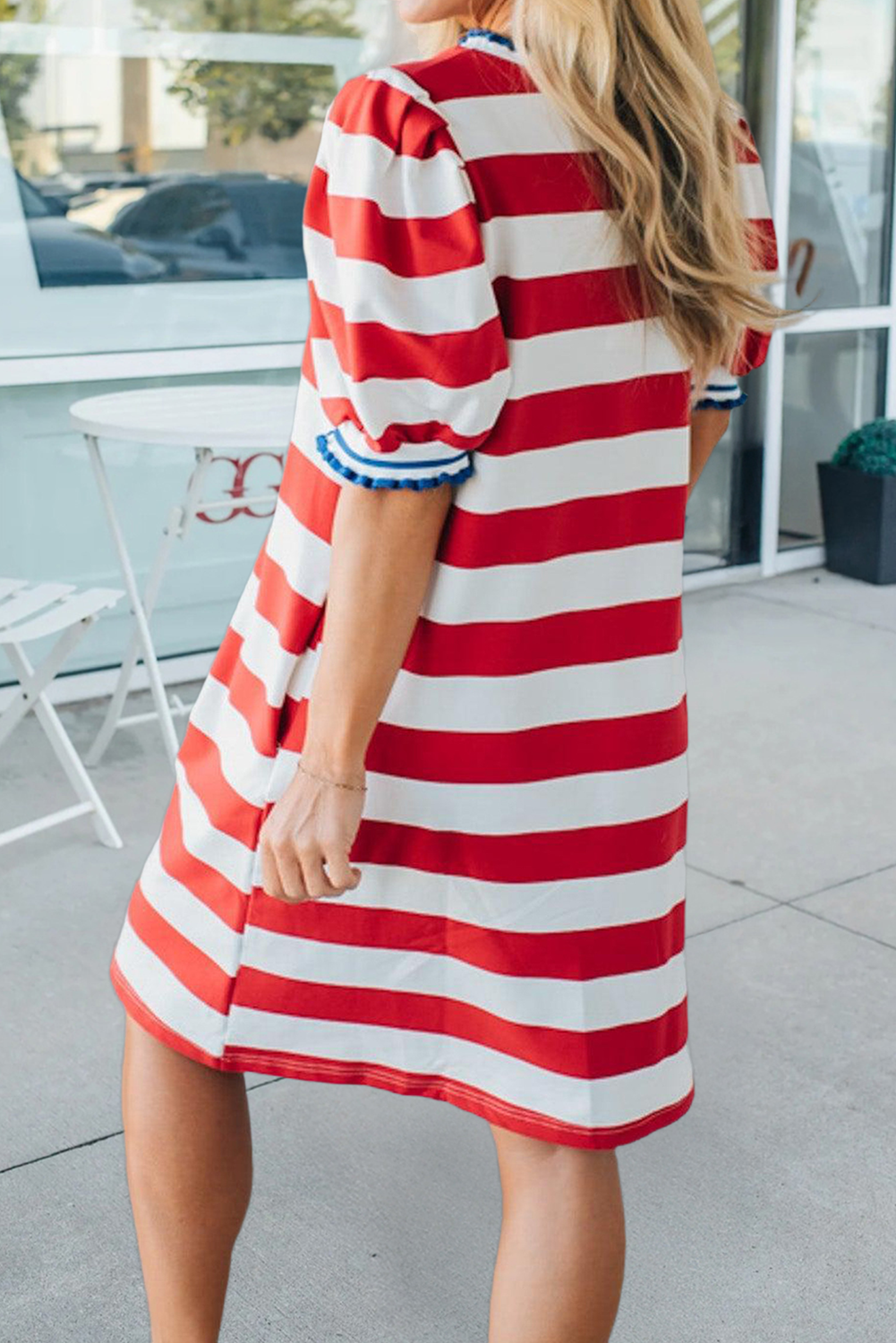 Celebration Stripe Round Neck Short Puff Sleeve Dress