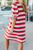 Celebration Stripe Round Neck Short Puff Sleeve Dress