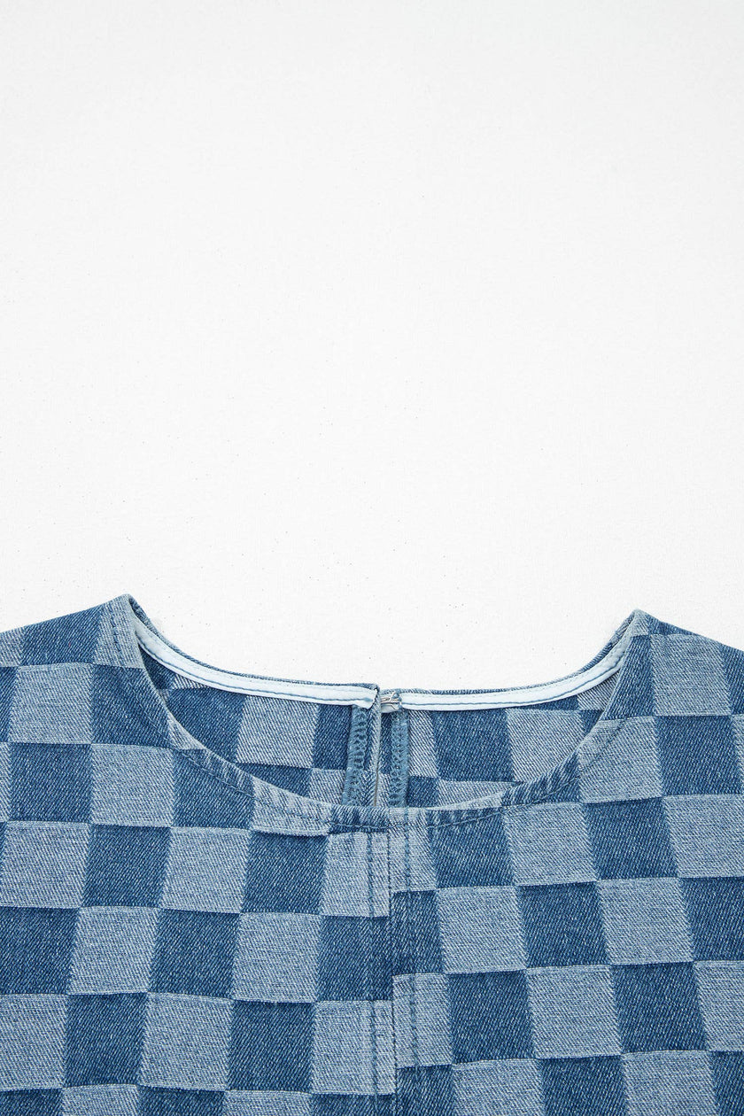 Checked out Frayed Hem Checkered Denim Mini Dress