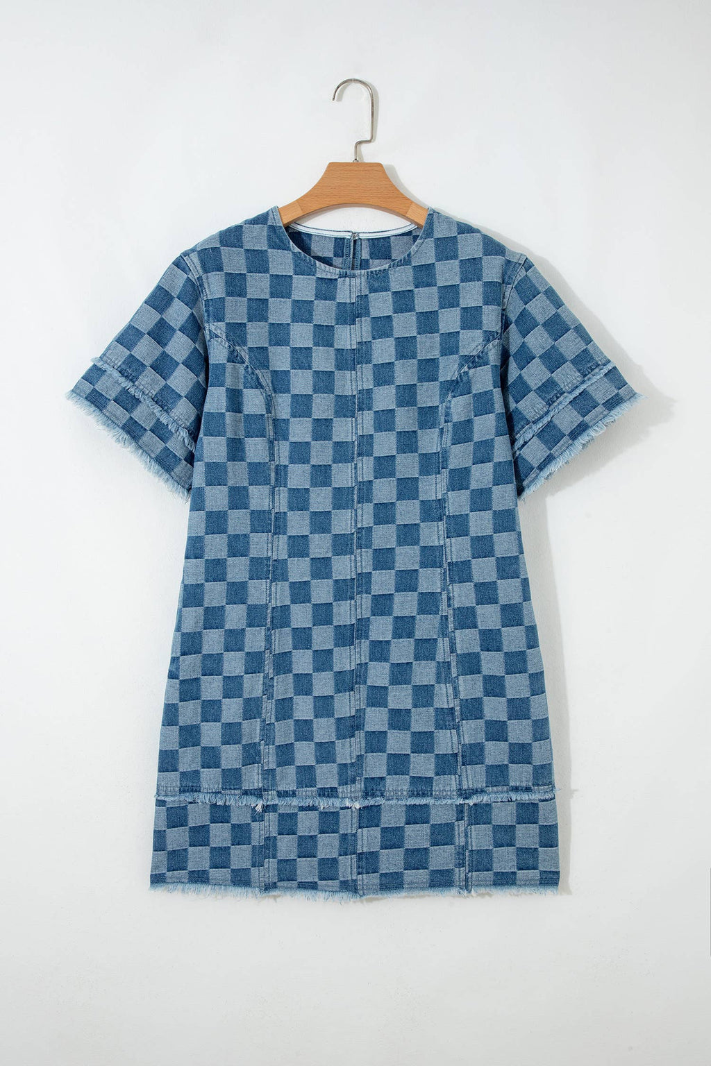 Checked out Frayed Hem Checkered Denim Mini Dress