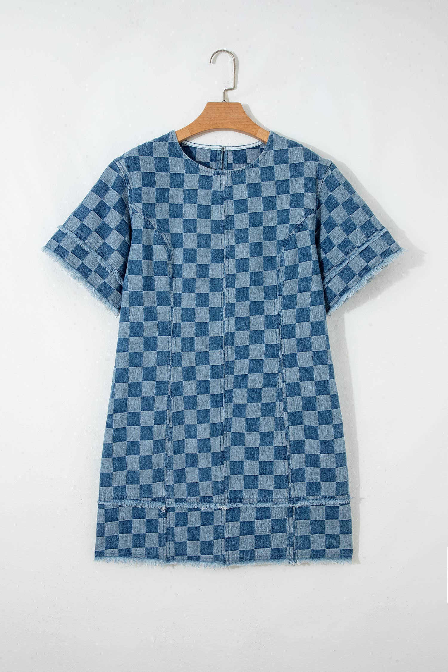 Checked out Frayed Hem Checkered Denim Mini Dress