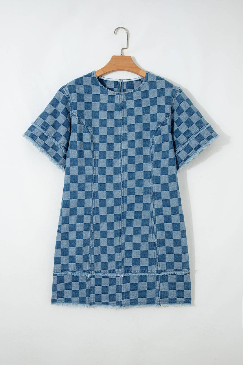 Checked out Frayed Hem Checkered Denim Mini Dress