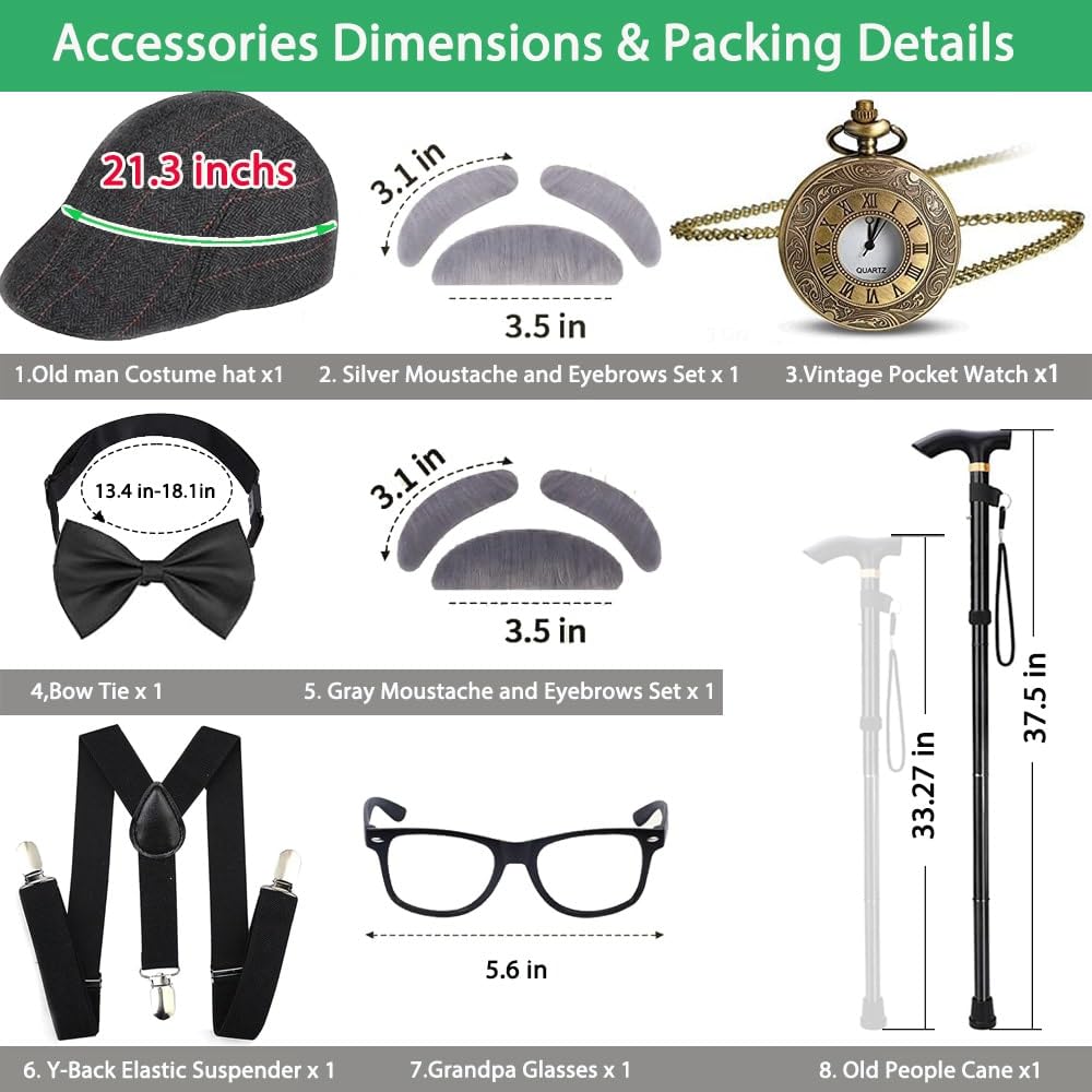 Aimeiar Kids 100 Days of School Costume for Boys - Halloween Old Man Costume Hat Glasses and Grandpa Vest Set for Child