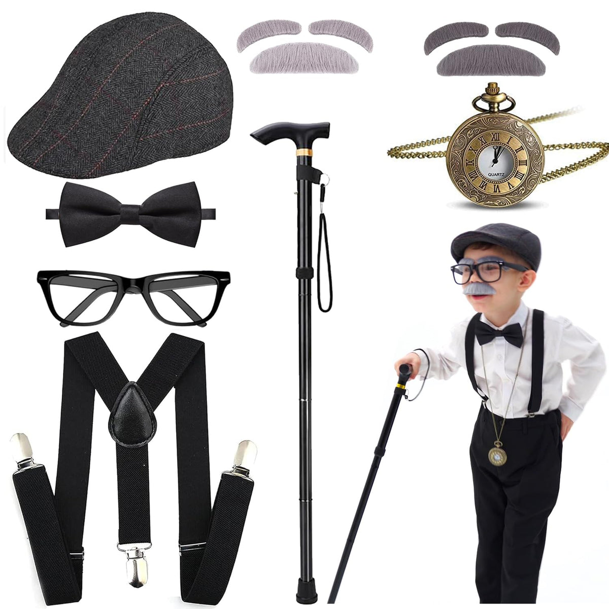 Aimeiar Kids 100 Days of School Costume for Boys - Halloween Old Man Costume Hat Glasses and Grandpa Vest Set for Child