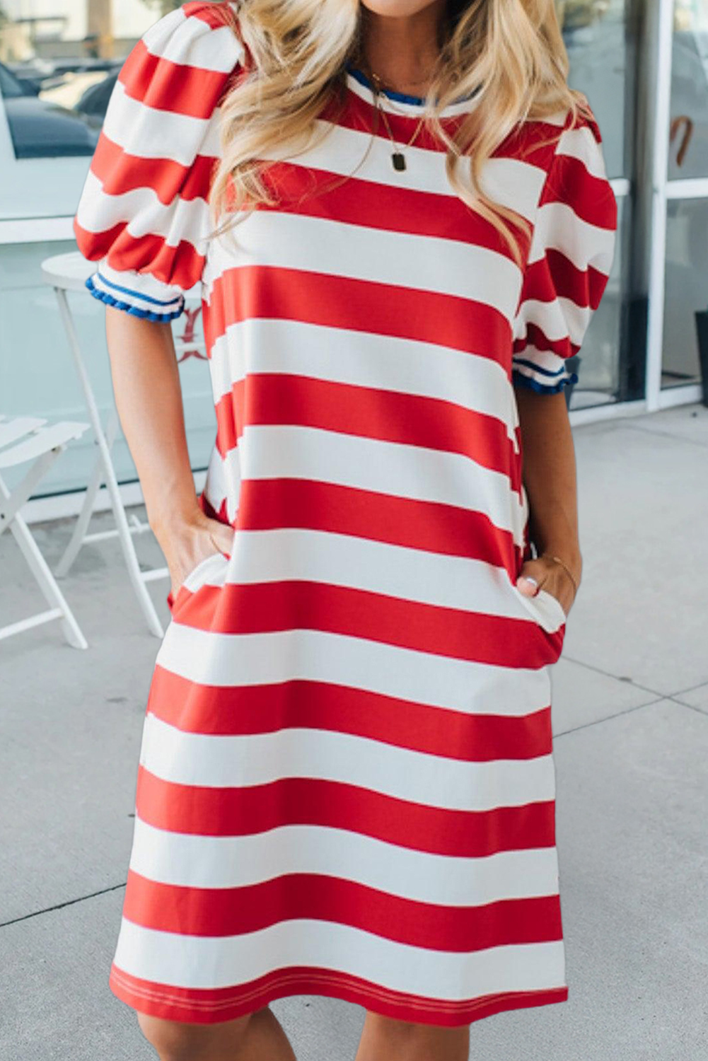 Celebration Stripe Round Neck Short Puff Sleeve Dress