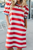 Celebration Stripe Round Neck Short Puff Sleeve Dress