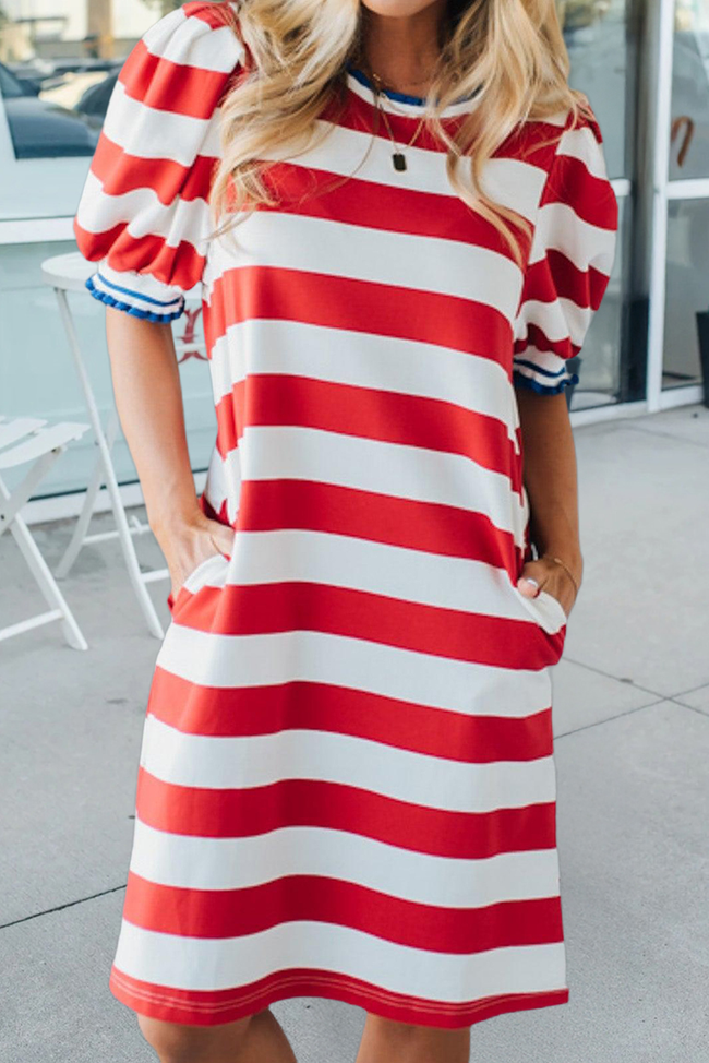 Celebration Stripe Round Neck Short Puff Sleeve Dress