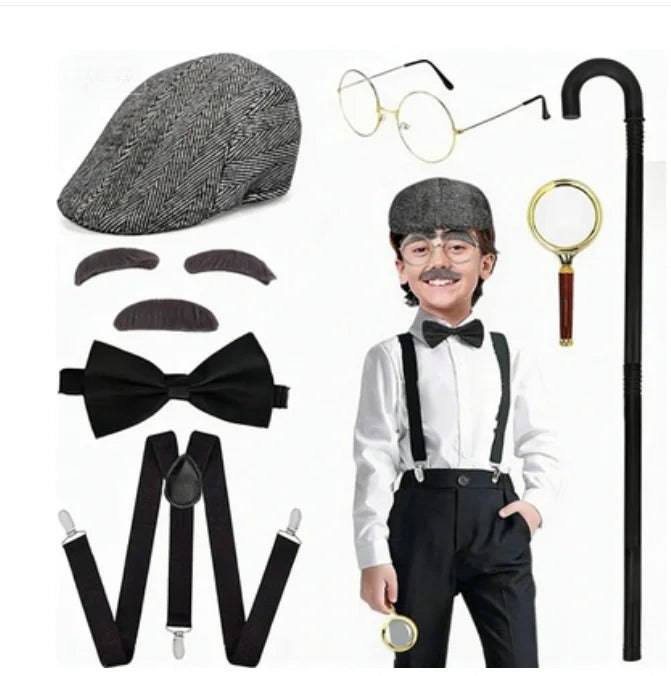Aimeiar Kids 100 Days of School Costume for Boys - Halloween Old Man Costume Hat Glasses and Grandpa Vest Set for Child