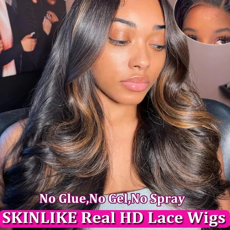 Angel Bye Bye Knots Wigs 1B30 Highlight HD Lace Closure Wig Body Wave Human Hair Wig Ready to Go Glueless Wig Bleached Knots