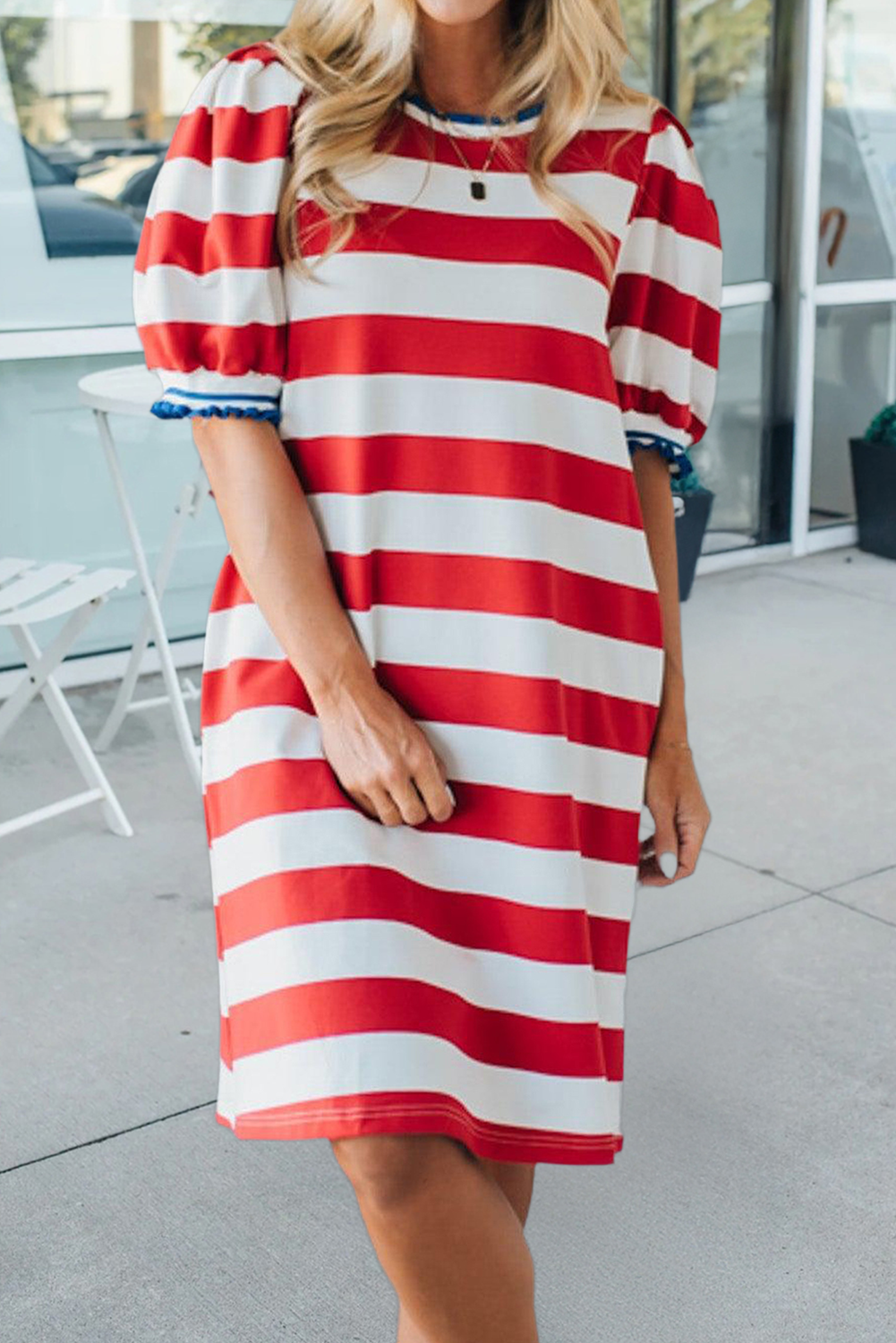 Celebration Stripe Round Neck Short Puff Sleeve Dress