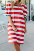 Celebration Stripe Round Neck Short Puff Sleeve Dress