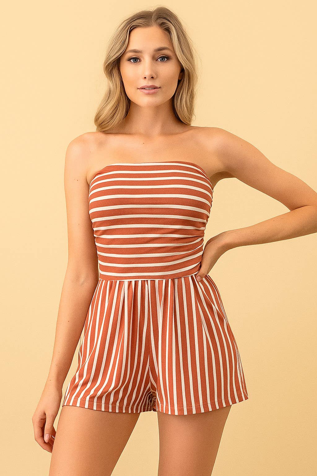 Ice in the glass: Stripe Tube Romper: Terracotta/White