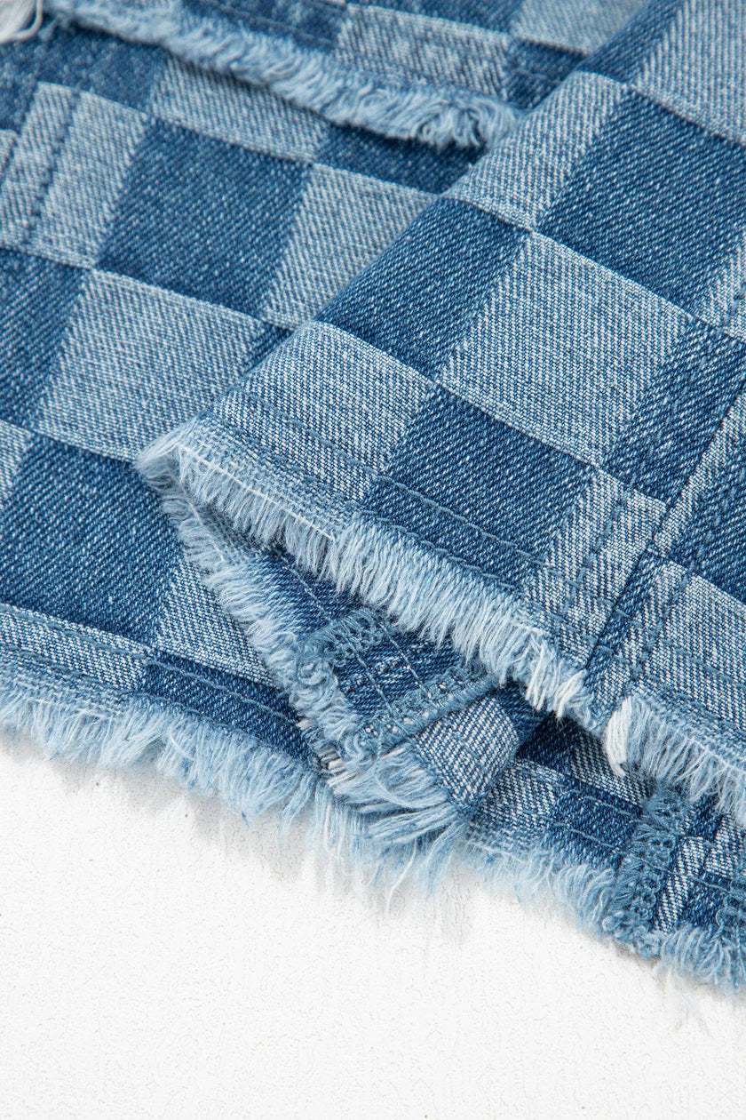 Checked out Frayed Hem Checkered Denim Mini Dress